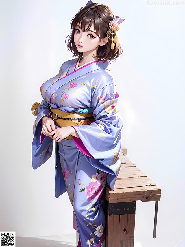 A woman in a blue kimono sitting on a wooden bench.